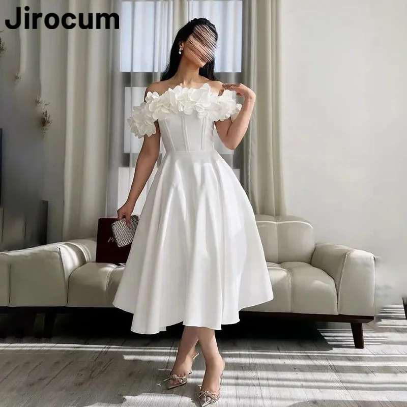 Jirocum Prom Dress Ivory 3D Flower Ladies Elegant Party Evening Gown A Line Tea Length Simple Formal Occasion Dresses 2024 New