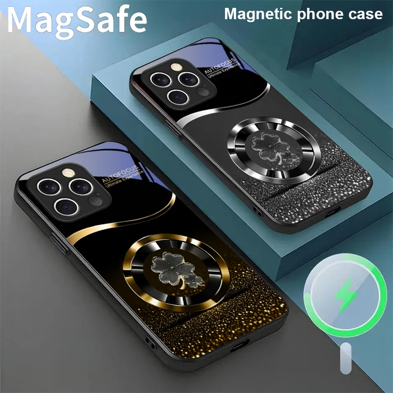 

Purple Four Leaf Flower For iPhone 16E 15 Pro 14 13 Plus 12 mini 11 15Pro 14Max XR Xs X 7 8 P lus 16 Magsafe Glass Phone Case