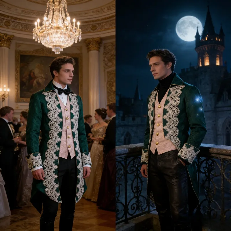 

Mens Punk Medieval Jacket Gothic Lace Tailcoat Frock Coat COS Theater Costume Victorian Steampunk