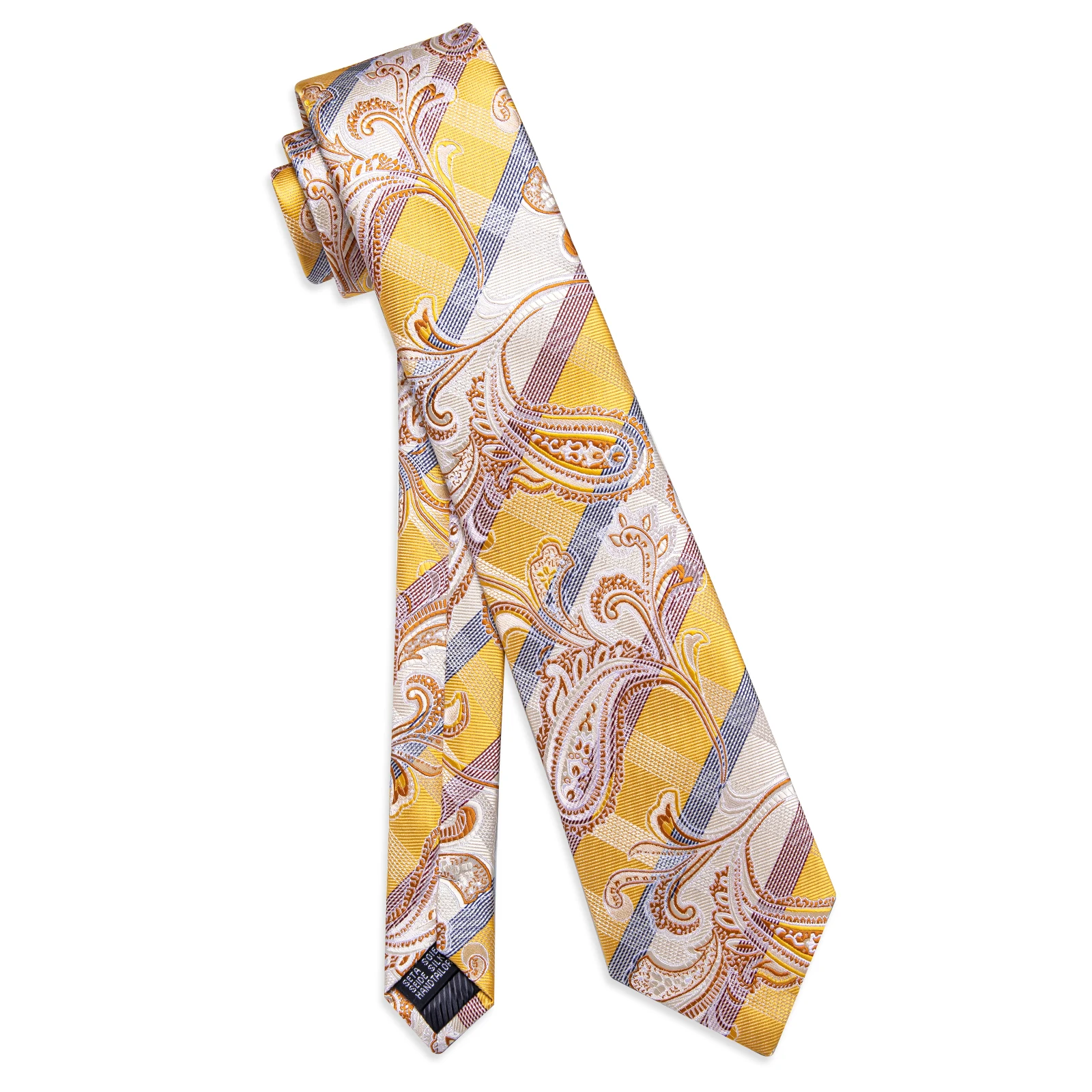 Luxury Yellow Striped Necktie with Pocket Square Cufflinks for Business Party Wedding Unique Design Paisley Tie for Man Gift