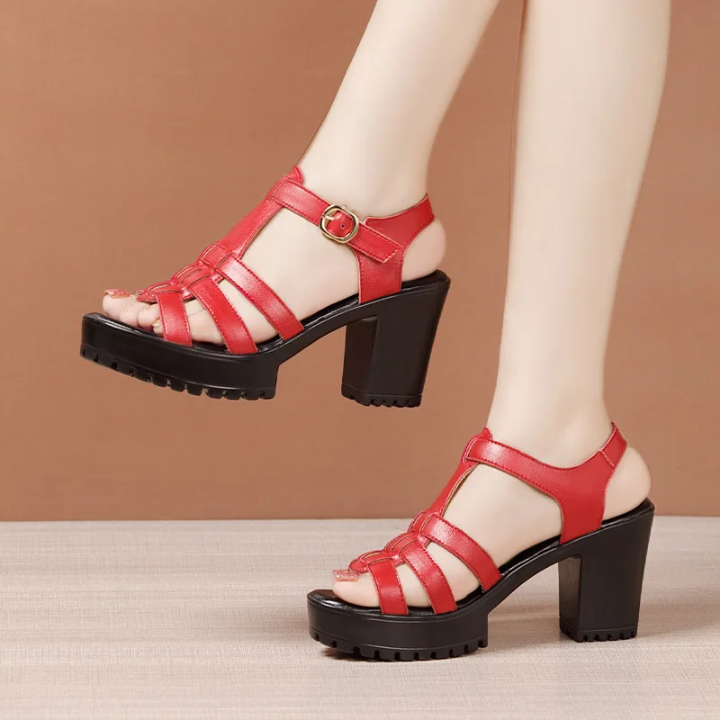 High quality summer leather sandals for women 8cm high heel 2024 size 32 33 42 43 platform open toe elegant shoe black red white