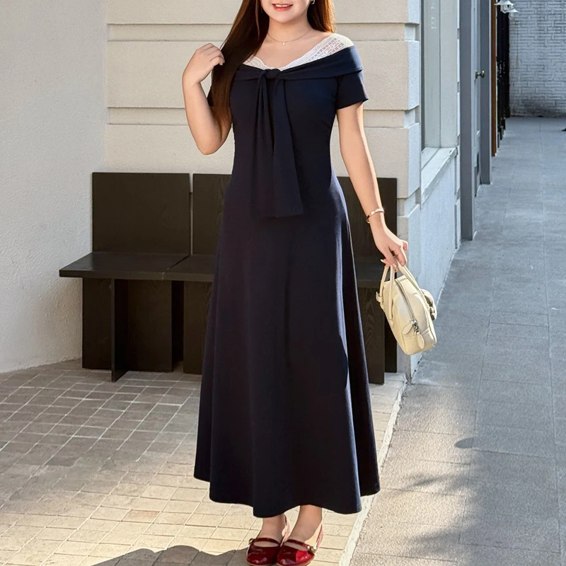 

Платье XXXXL для полных женщин, модное, с открытыми плечами, с кружевными вставками и лентами, премиум-качество, весна 2026, новый стиль преппи