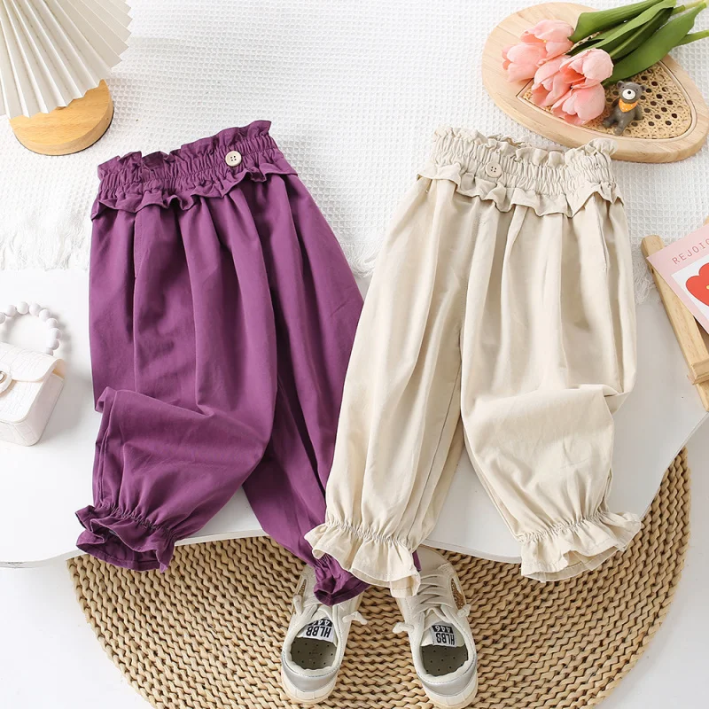 

Kxkm-Girls' Spring and Autumn Casual Pants New Cute Lace Ankle-Tied Puff Children's Trousers Outer Wear Pants