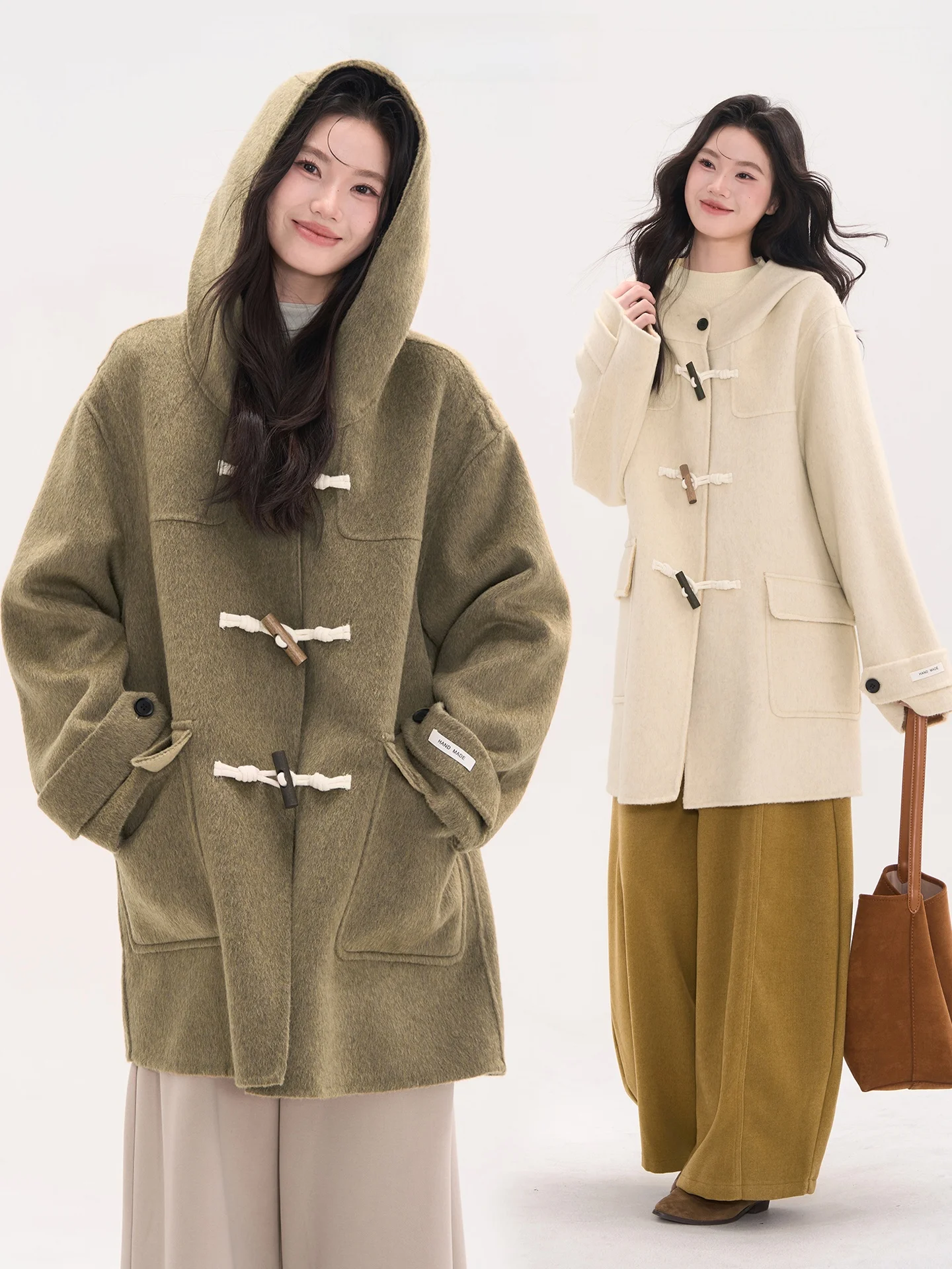 

Двустороннее шерстяное пальто с капюшоном, цветными деревянными пуговицами, женское зимнее утепленное пальто с длинными рукавами, модная верхняя одежда