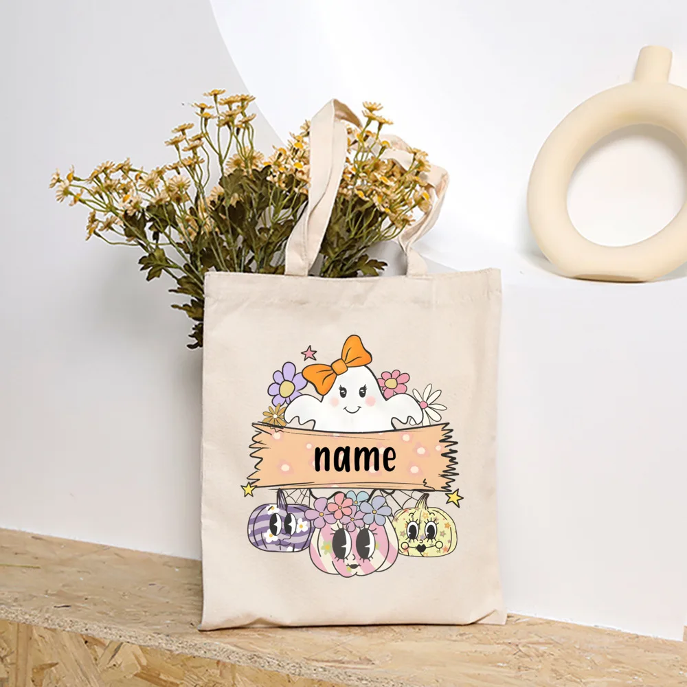 Custom Name Ghost&Pumpkin Print Halloween Canvas Tote Bag Personalize Portable Large Capacity Handbag Halloween Best Gift