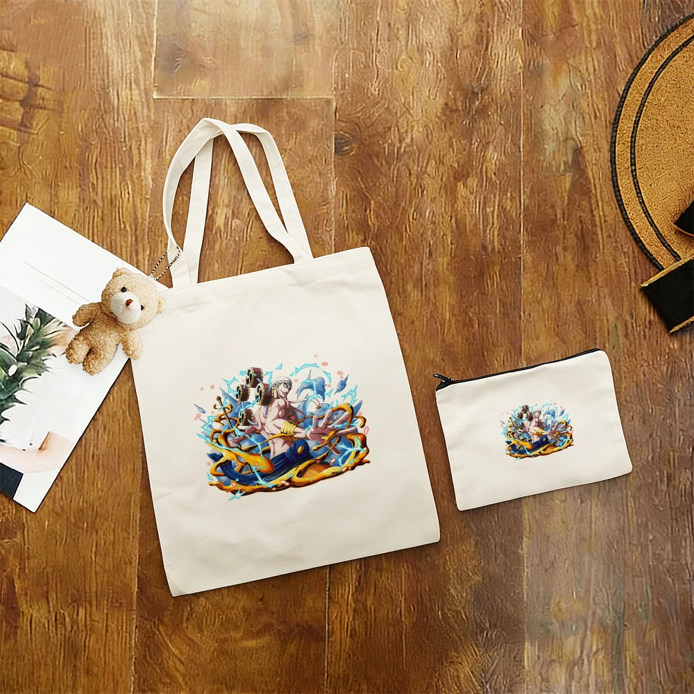 One Piece Admiral Kizaru Aokiji Canvas Tote Set 3Pcs Eco Friendly Canvas Bag Anime Print Large Capacity School Bag for Lovers - view 6