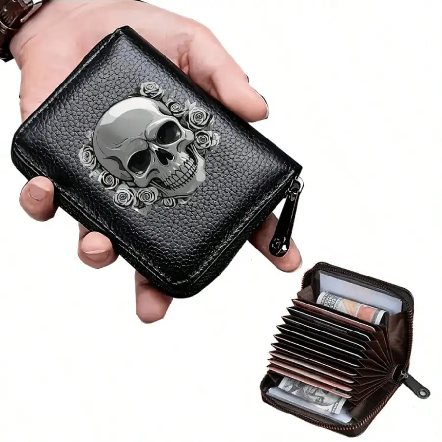 Gothic-Geldbörse mit Totenkopf-Blumendruck, multifunktionaler Kartenhalter, Münzgeldbörse mit Reißverschluss, einzigartiges Geschenk für Männer, Mini-Geldbörse, Kartenhalter – Detail 1