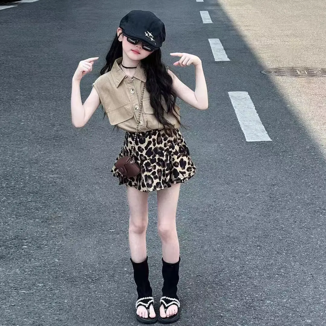 2 PCS Girl's Trendy Outfit Ribbed T-shirt and Leopard Pattern Skirts Set Kid's Clothes for Summer Kids Boutique Clothes