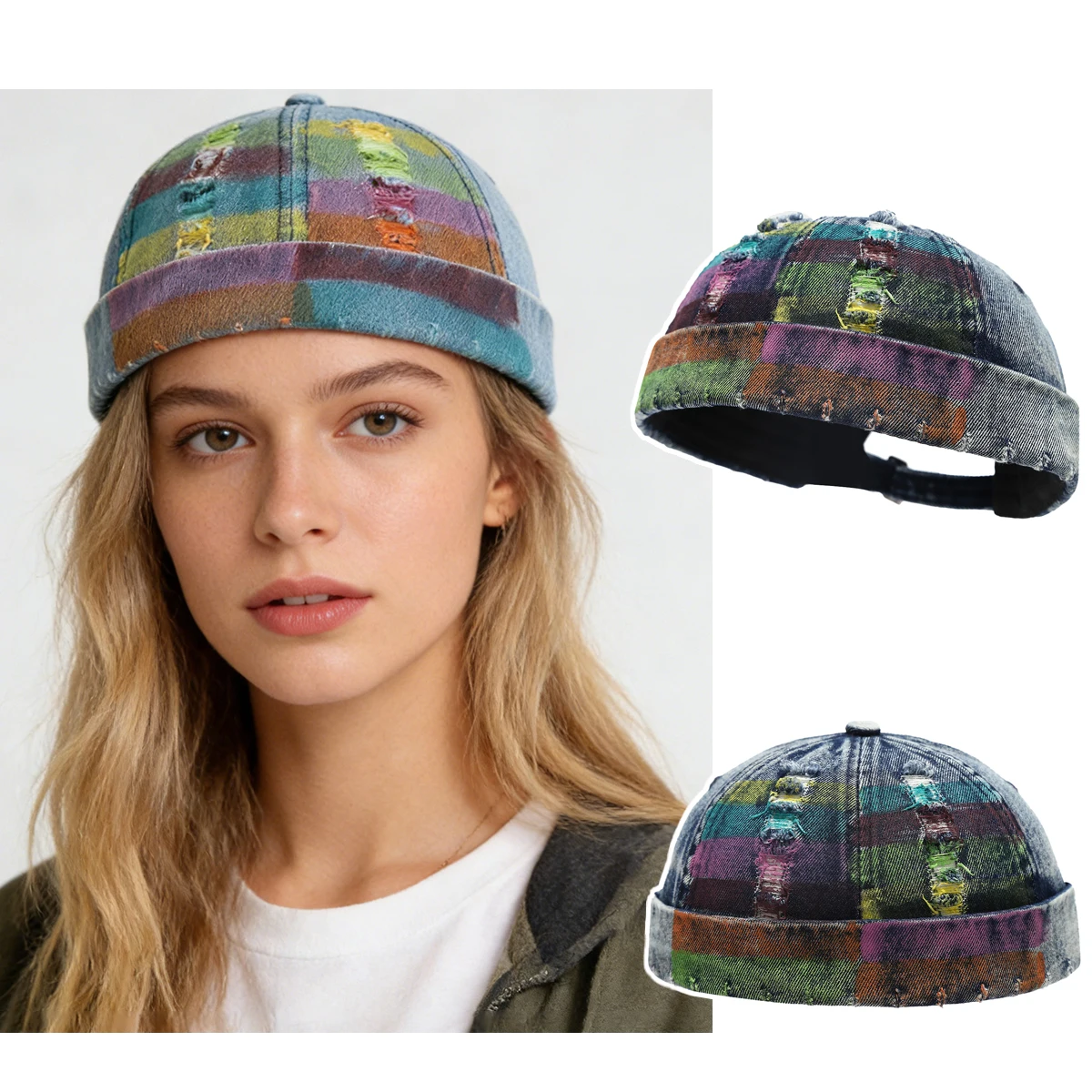 

Denim Docker Cap Without Visor Tear Style Hole Brimless Caps Adjustable Colorful Lines Hats Unisex Adult Retro Hip Hop Street