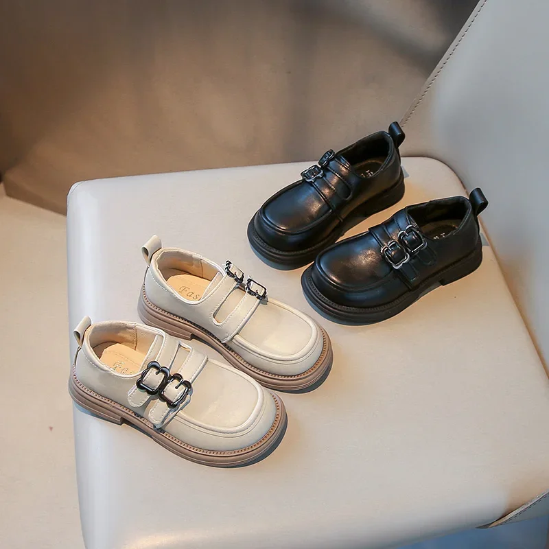 

2025 Autumn New Children Leather Shoes Black Trendy for Students Uniform Shoes Round Toes Versatile Girls Princess Casual Shoes