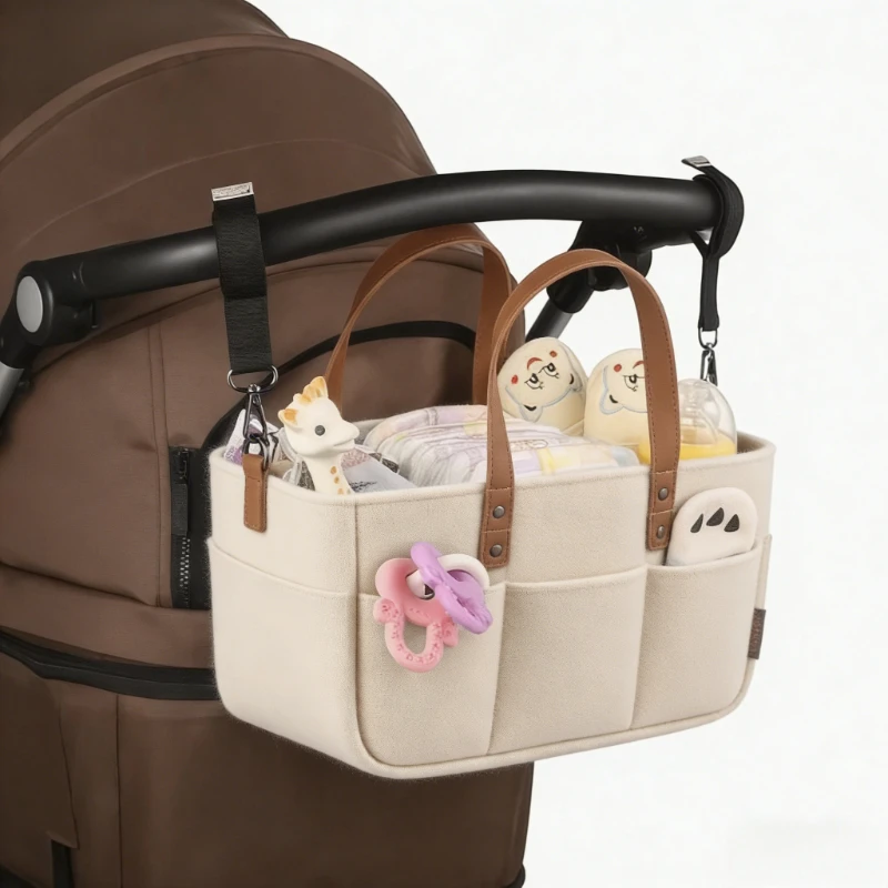 ベビーフェルト収納オーガナイザーバスケット、幼児用おむつバッグ（ハンドル付き）、おむつ替え用キャディー、子供用収納キャリア、大きなポケット付き