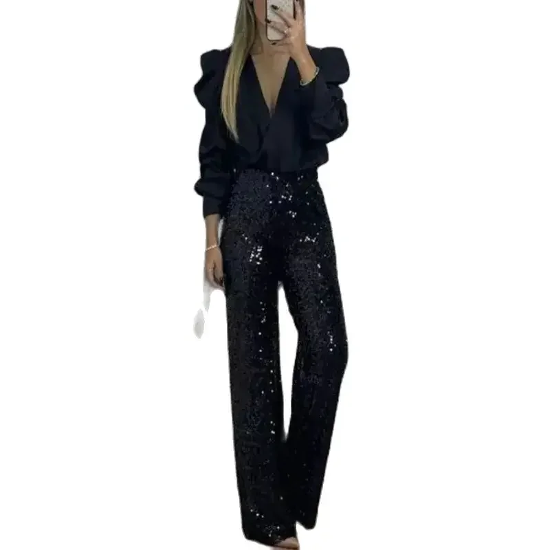 Fashion Spring/Summer Women\'s Sequin Flare Pants Casual Slim Fit Elastic Flare Pants Versatile Solid Color Micro Flare Pants