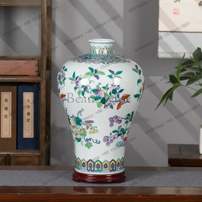 Hand-painted bucket color three-pattern plum vase Jingdezhen ceramics blue and white porcelain vase Chinese high-end ornament