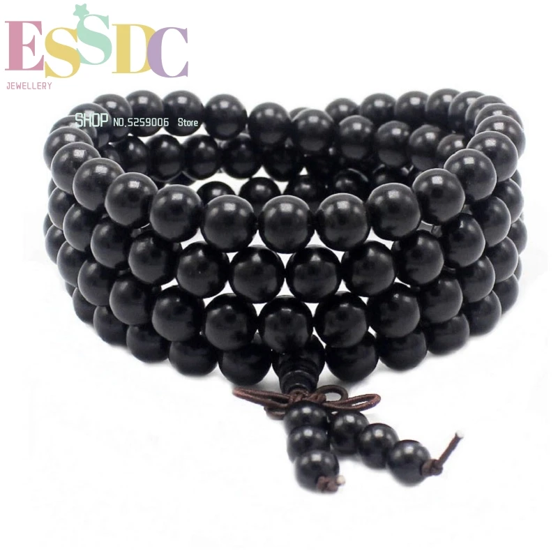 

High Quality Black Sandalwood Beads 8mm 108 Prayer Bracelet Female or Male Chinese Knot Elastic Hand String