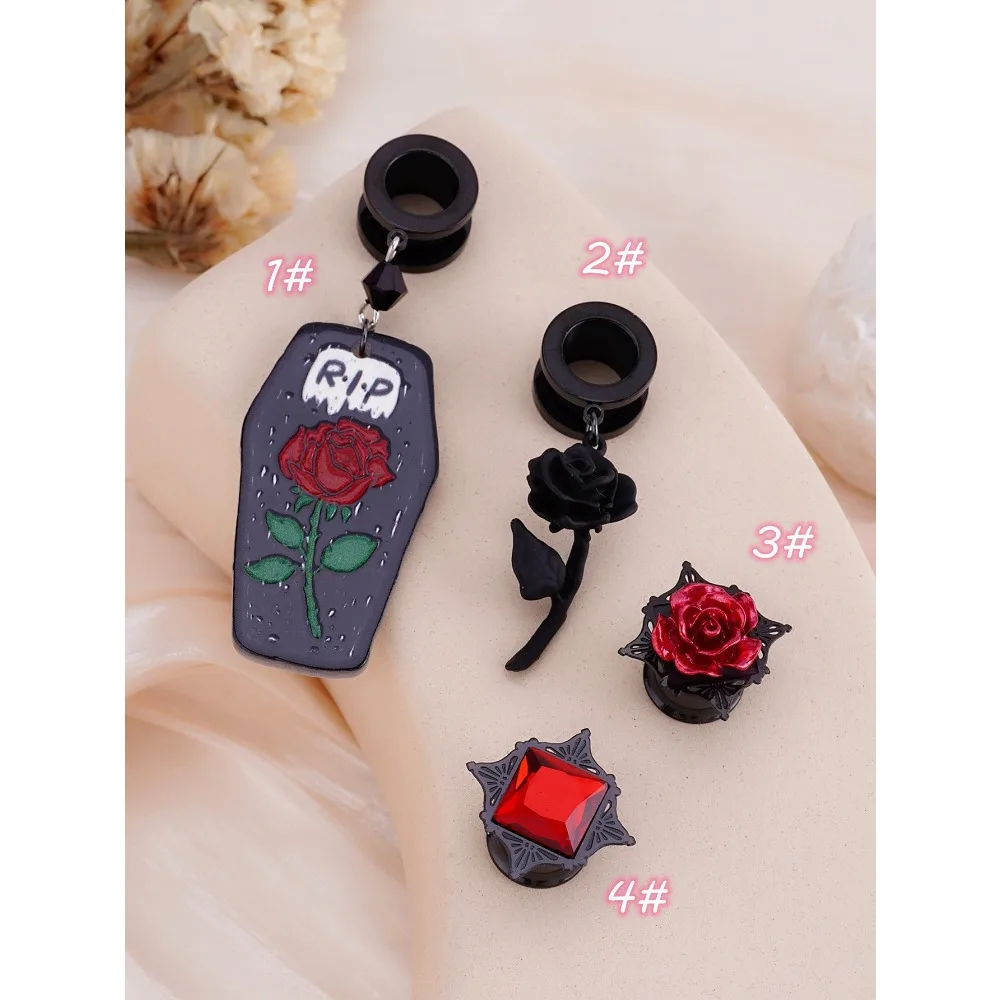 1pair Retro Ear Expansion Gothic Red Rose Earring Hollow Square Drill Ear Spreader Jewelry