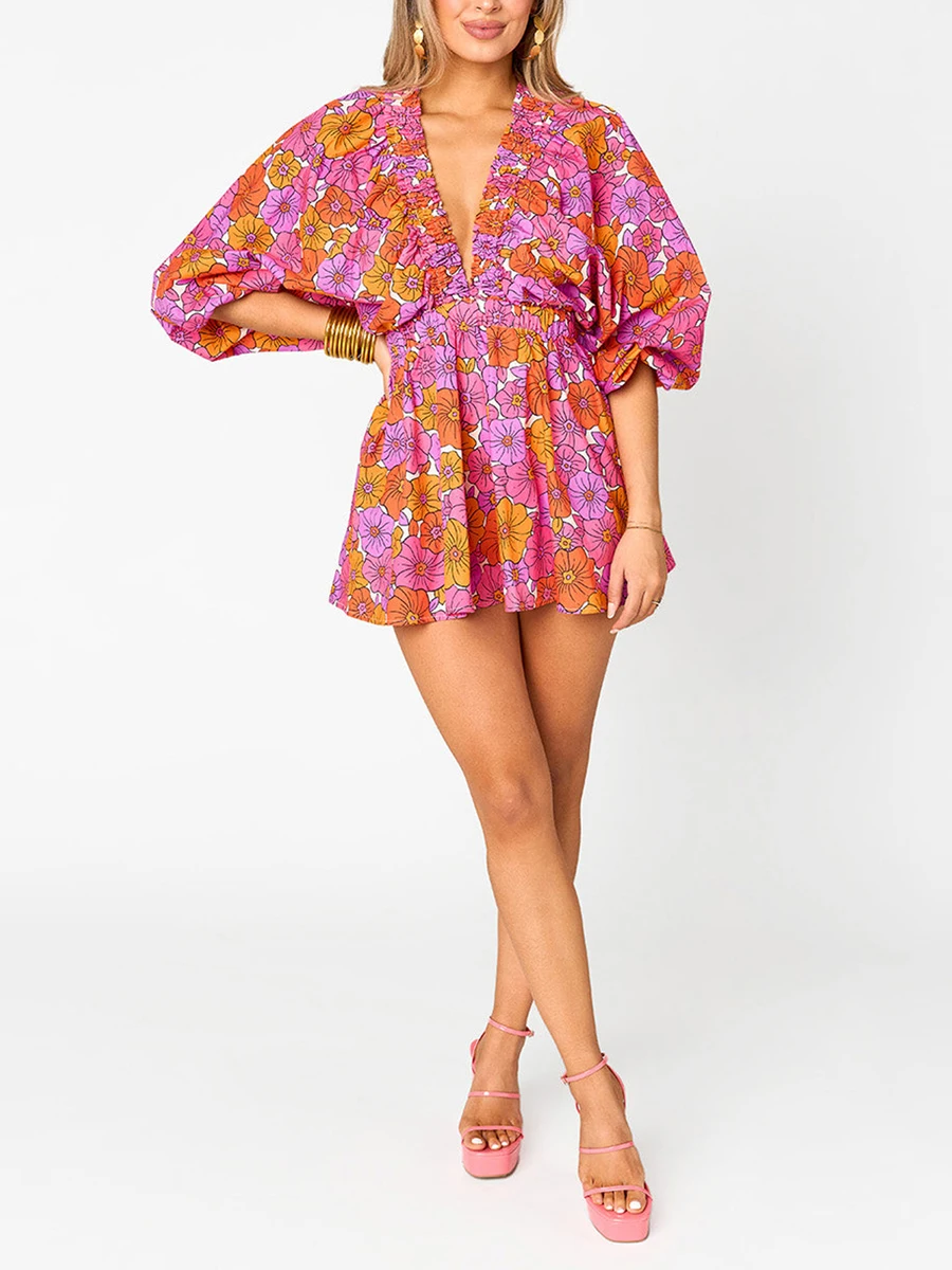 Nowy Modny Damski Letni Krótki Kombinezon Boho Długi Rękaw Głęboki Dekolt V Paski Kwiatowy Wzór Kombinezon Wyprzedaż S M L