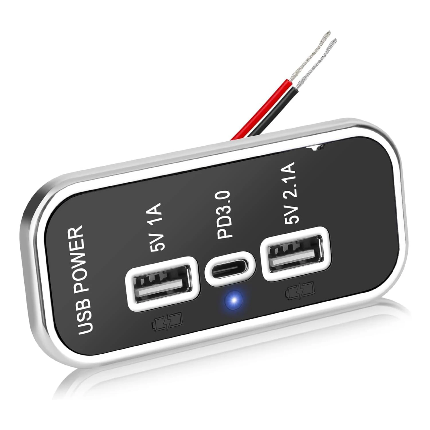 JavicTech  12V USB Outlet, Dual USB A & 18W USB C Fast Charger Socket Panel with LED Light Flush Mount for Car Marine RV Truck