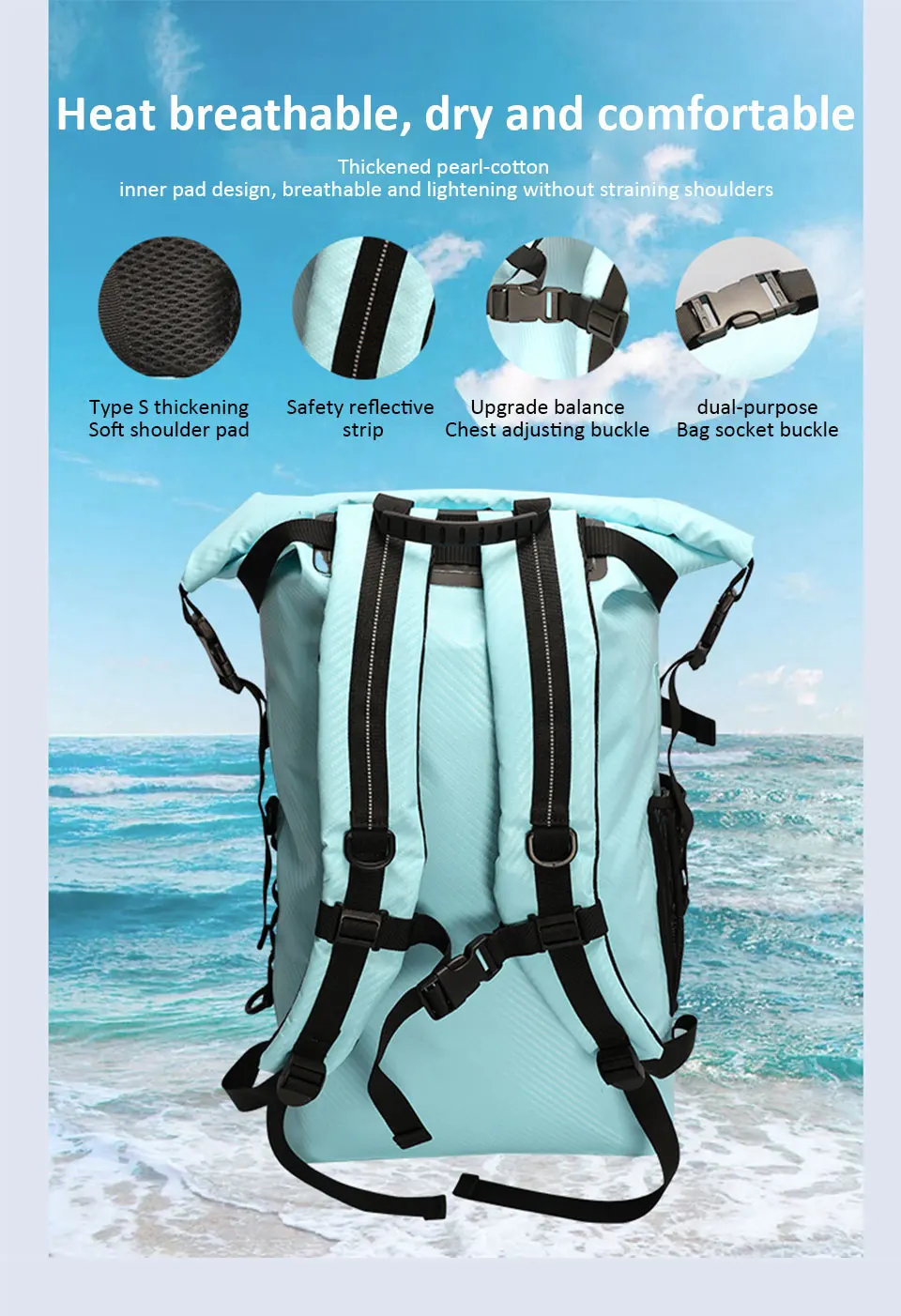 30L Trockentasche mit großem Fassungsvermögen, Trocken- und Nasstrennung, wasserdichter Schwimmrucksack für Reisen/Wassersport/Wandern, Aufbewahrungstasche – Detail 5
