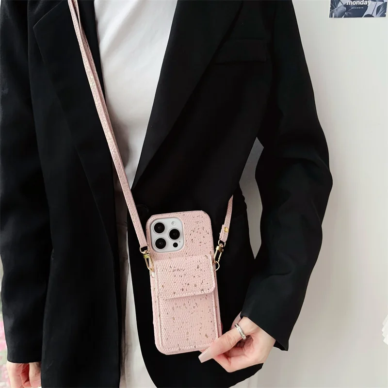 Can be slung diagonally Simple Solid Color Crystal Lizard Pattern Card Bag phone case For iPhone 11 12 13 14 15 16 pro max