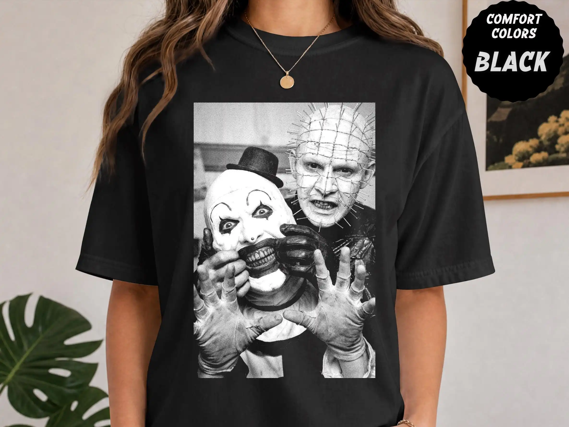 Art The Clown & Pinhead Extreme Close‑Up Photoshoot T‑Shirt | Grabbing Face Tee | Scary Movie Graphic