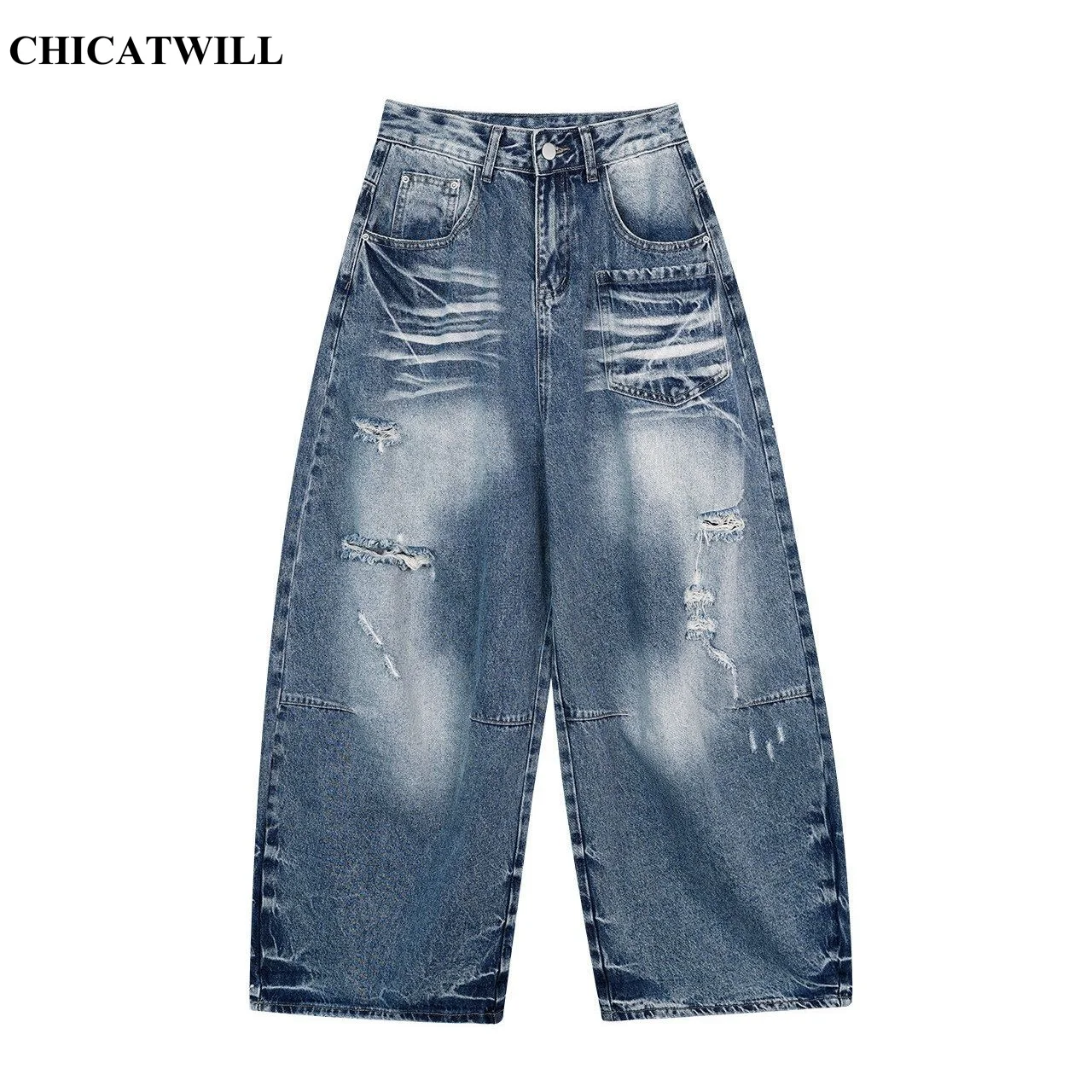 CHIC High Street Bleached Holes Baggy Jeans for Men Retro Scratched Moustache Denim Straight Pants Women Campus Casual Trousers