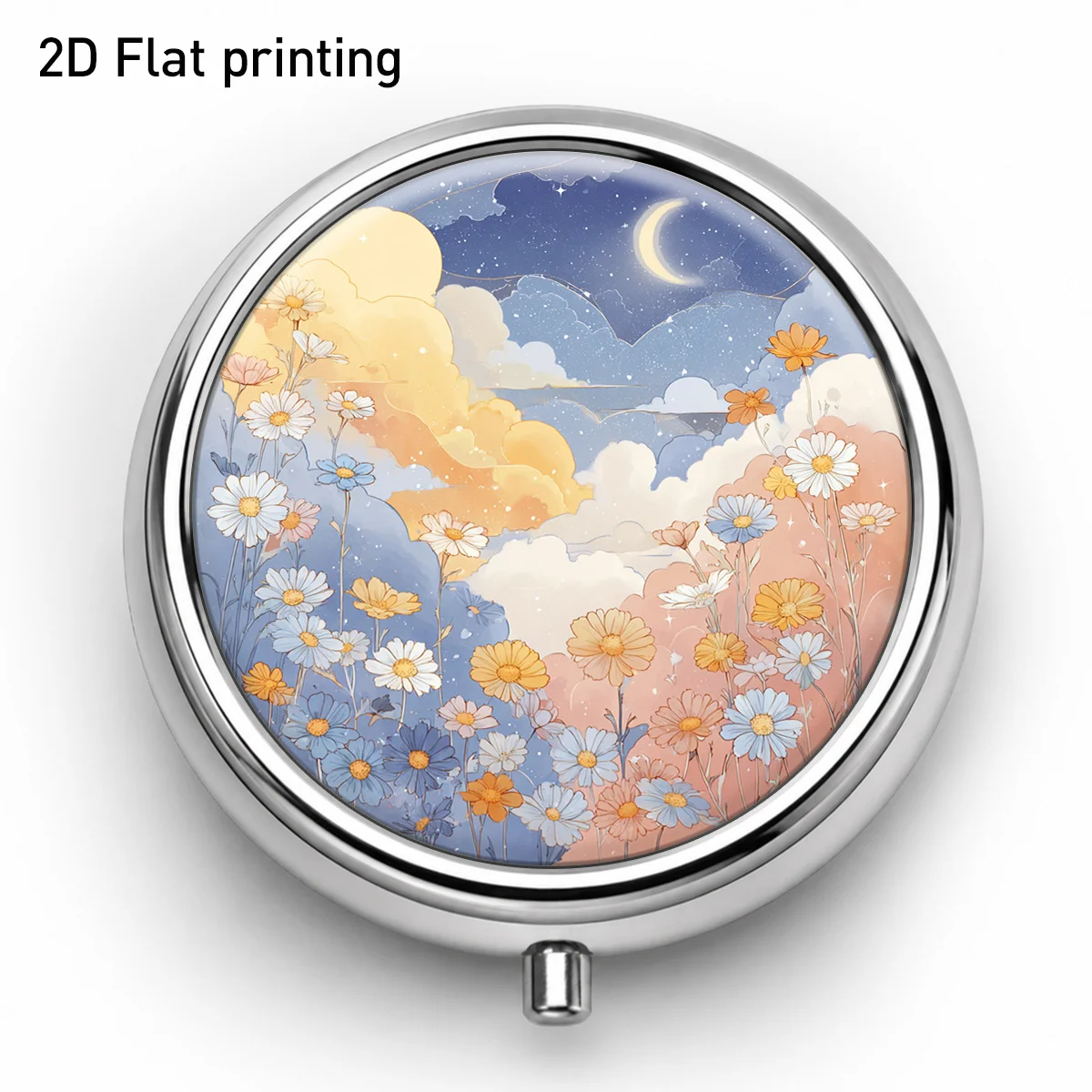 Single pack, flat print, aesthetically pleasing dreamy cloud and flower round box, three-compartment portable storage box, suitable for jewelry, medicine, and vitamin dispensing, artistic style, layered design for easy access