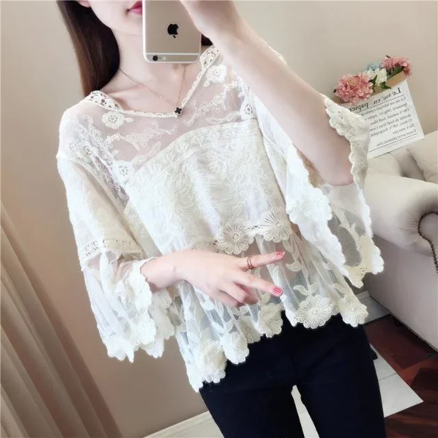 Sleeve Blouse Loose Sexy Round Neck Pullover with Lace Top Blusas Clothes for Women Tops Shirts Blouses