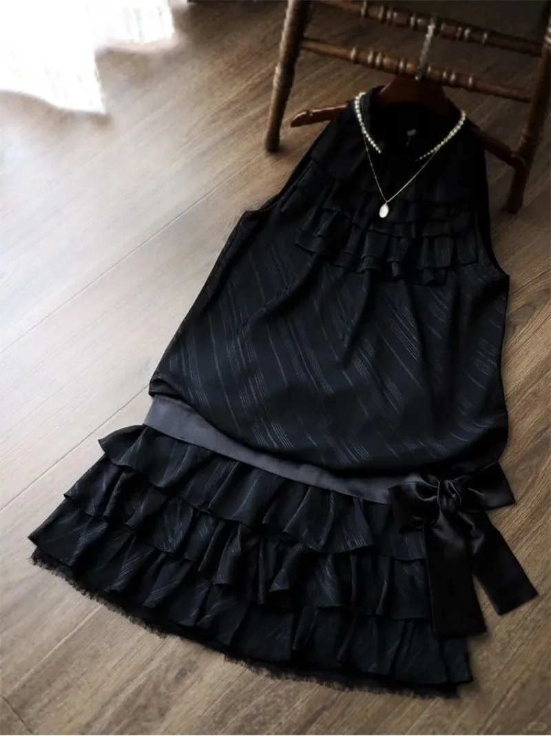 

Harajuku Japanese Vintage Halter Sleeveless Ruffle Thin Lace Up Camisole Y2k Aesthetic Summer All Match Tiered Skirts Punk Sets