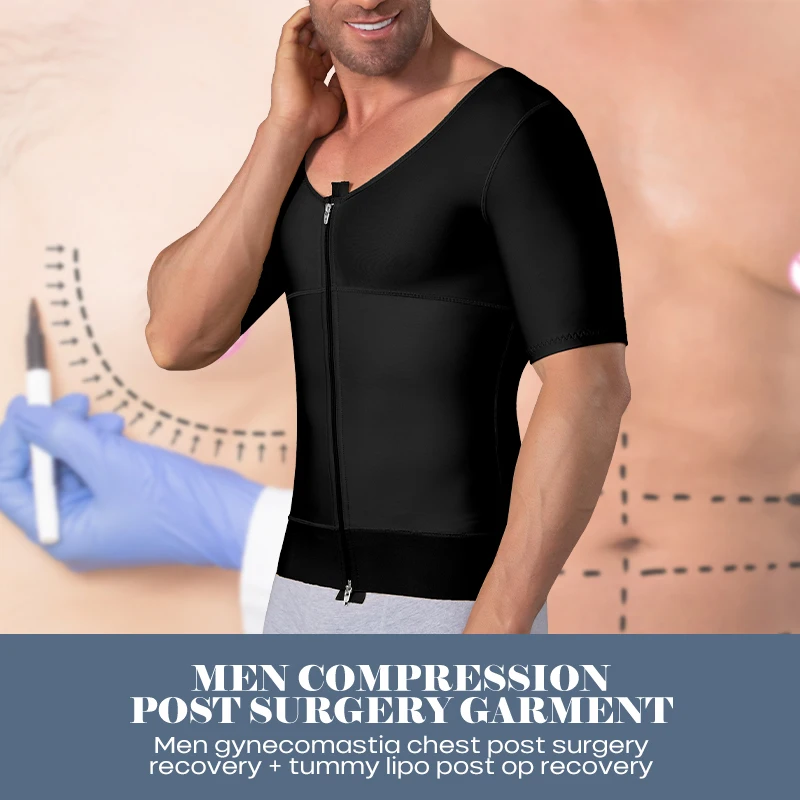 Men Slimming Tummy Control Body Shaper Post Op Surgery Gynecomastia Lipo Short Sleeve Vest Faja Shapewear Top