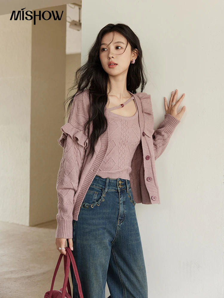 MISHOW Pink Knitwear Camisole Cardigan Separately 2024 Fall Fashion Sweet Knitted Vest Asymmetric Flounce Sweaters MXD45Z0781