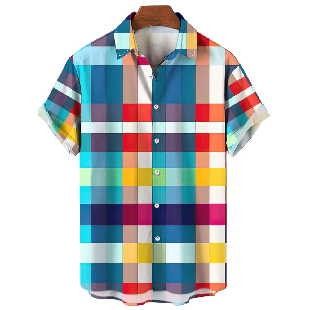 

Hawaiian Rainbow Colorful Plaid Shirt For Man Oversized 3d Fashion Causal Short Sleeve Simple Button Beach Clothing Summer