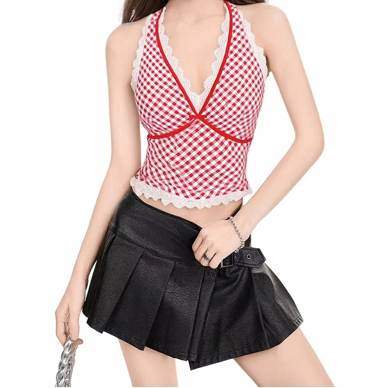 American Spicy Girls Red Plaid V-Neck Halter Top Stylish Lace Spliced Back Bow Strap Tank Top Skinny Above Navel Slim Crop Tops