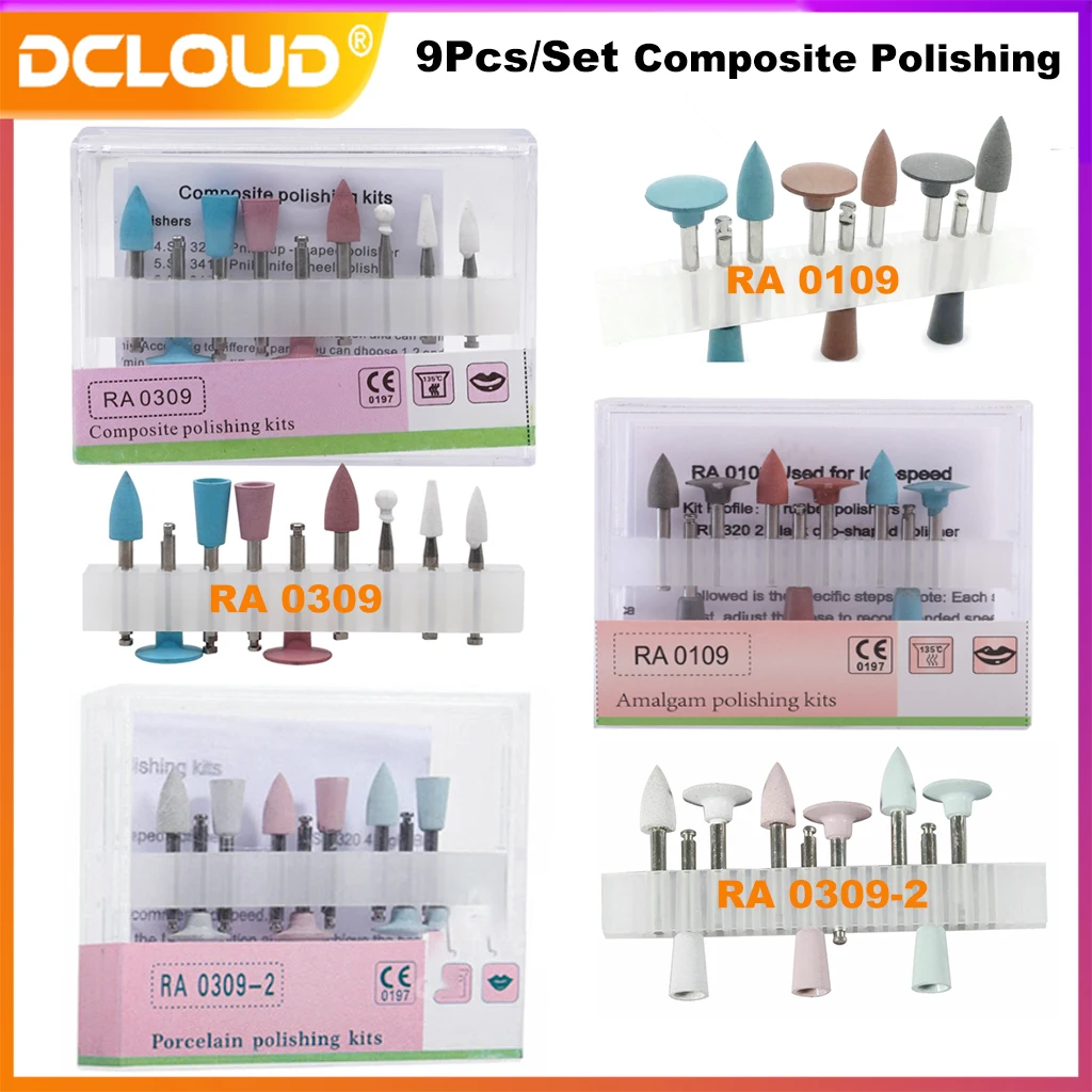 9Pcs Dental Composite Polishing For Low Speed Handpiece Teeth Polisher RA0309 Contra Angle Ceramic Silicone Rubber Grinding Set