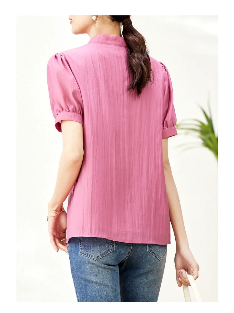 Camicetta da donna estiva a maniche corte con scollo a v vivace 2023 maniche a sbuffo alla moda camicie eleganti in Chiffon Casual allentate dritte Top da donna