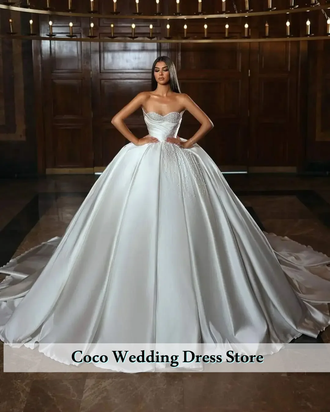 Maßgeschneiderte elegante Ballkleid-Satin-Brautkleider lang für die Braut, herzförmiger Ausschnitt, bauschige Perlen-Brautkleider