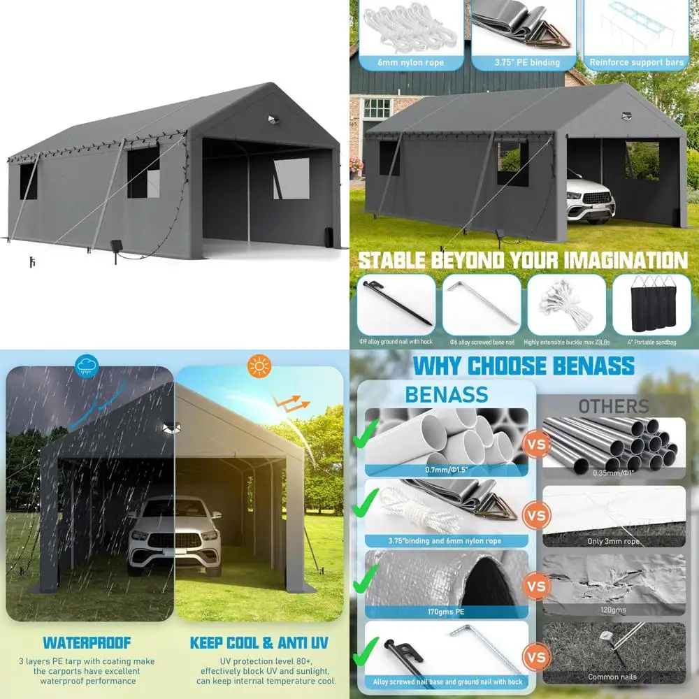 

Heavy-Duty Portable Carport Garage with Roll-Up Doors, Grey, Suitable for 13x25 Vehicles