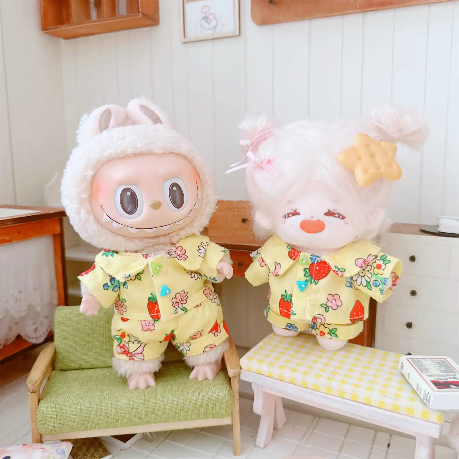 Kawaii Idol Doll Clothes, Yellow Strawberry Flower Pajamas, Cute Plush Doll Clothes, Accessories for Girls,Gifts, 10cm, 2Pcs Set