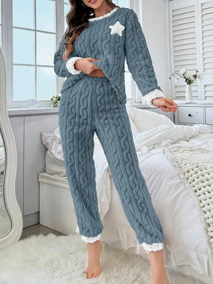 2-Piece Star Embroidered Plush Fluffy Pajama Set Cozy Cable Knit Sleepwear For Women