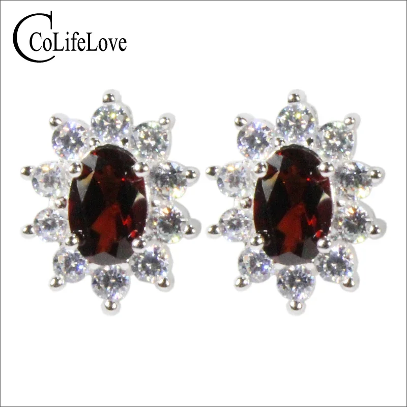 

925 Silver Garnet Stud Earrings for Office Woman 4*6mm Natural Garnet Silver Earrings Classic Silver Earrings