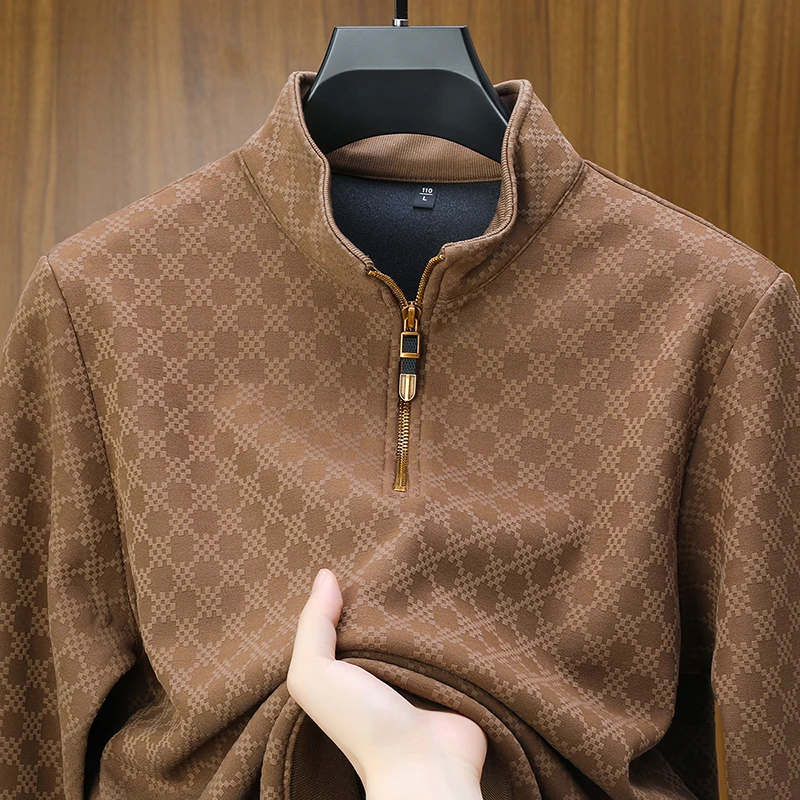 جودة فاخرة للرجال سميكة هوديي الوقوف طوق سستة منقوشة طباعة كم طويل البلوز الشتاء الأعمال موضة الملابس الرجالية الكلاسيكية #3