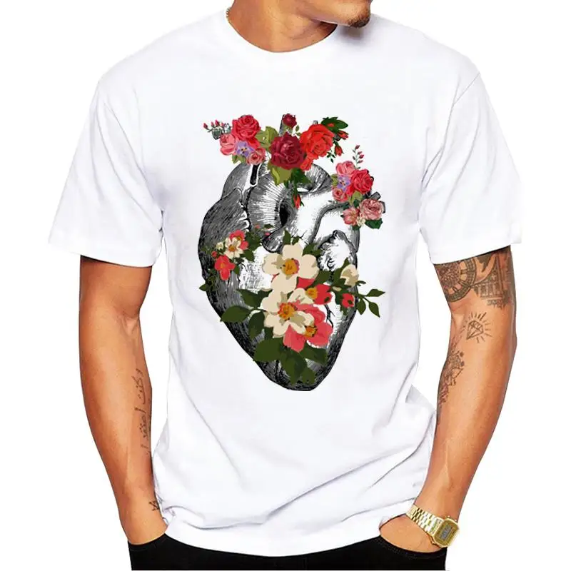 

FPACE Newest Vintage Heart Men T-Shirt Flower Heart Printed Tshirts Short Sleeve O-Neck Cool Tee Hipster Tops