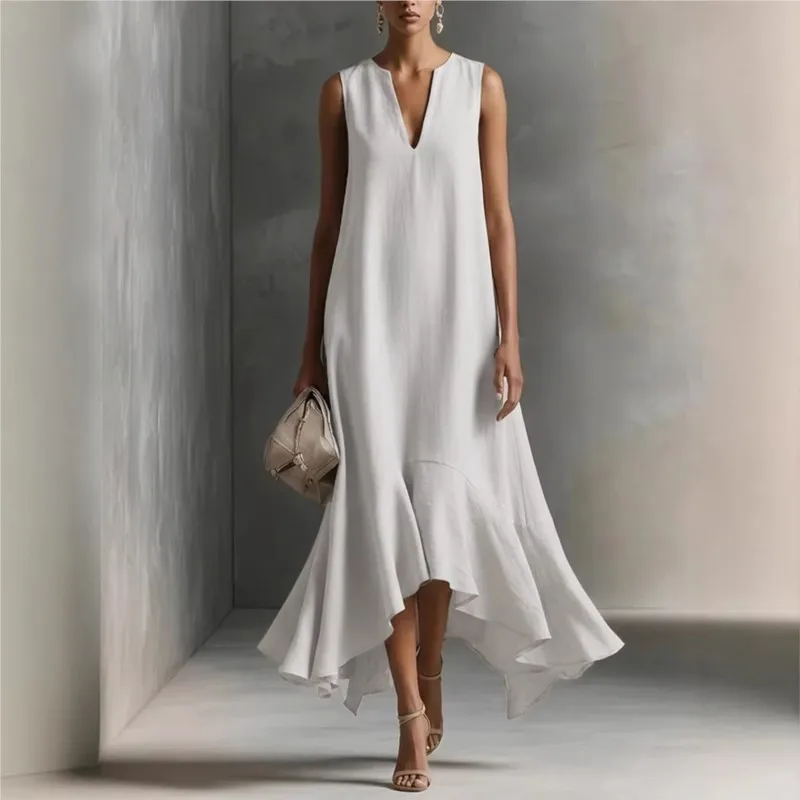 

Fashion Casual Bohemia Dress V-neck Sleeveless Irregular Hem Solid Color Commuting Dress For Women Beach Vacation Long Dresses