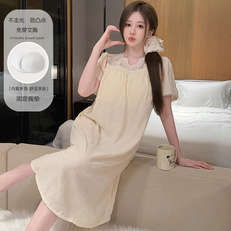

Pajamas women's summer short-sleeved cute, pure lust style, lace, with breast pad, long, nightdress, 2026 new style