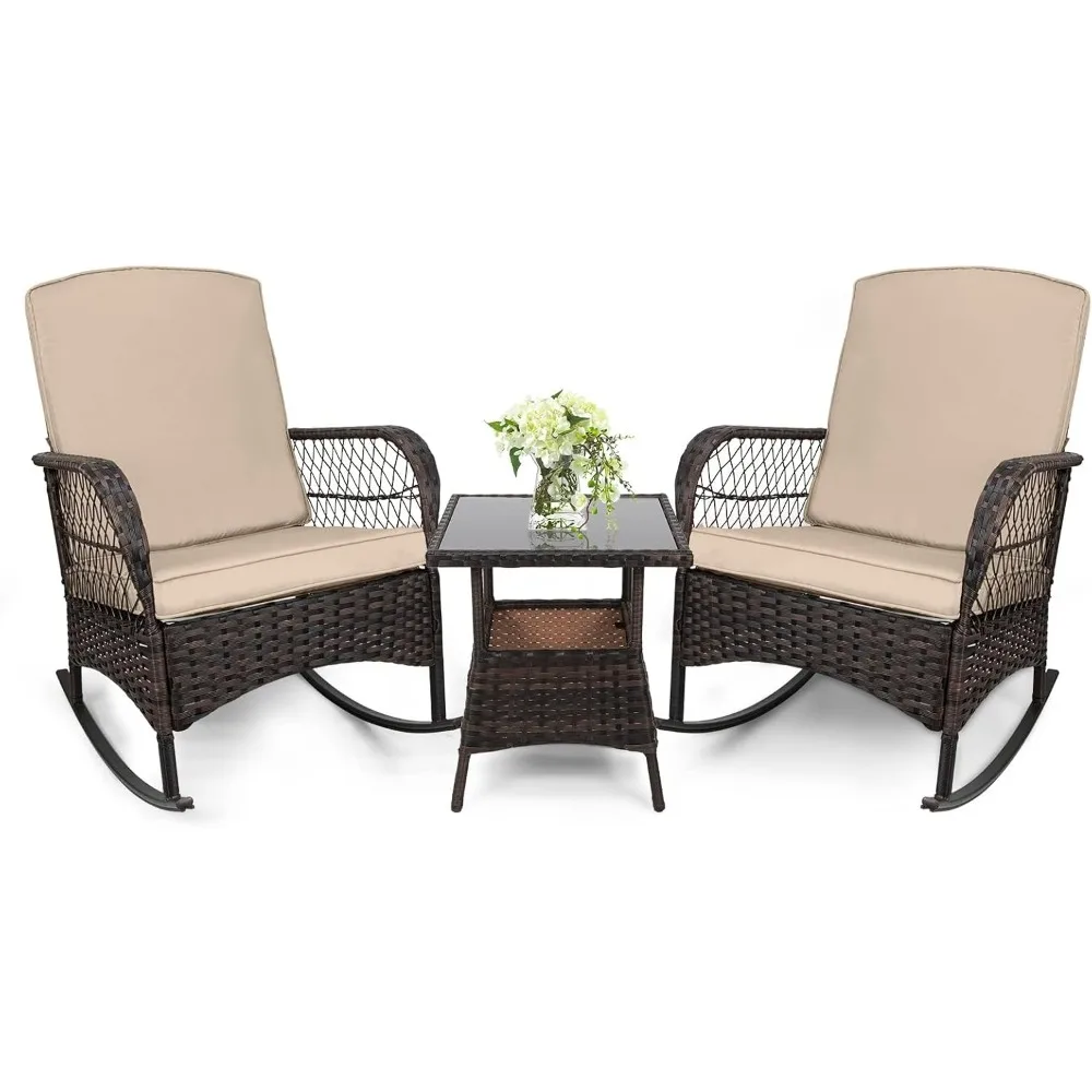 3 Pcs Rocking Bistro Set Conversation Chairs PE Wicker Outdoor Rocking Chairs, Rocking Chair Set