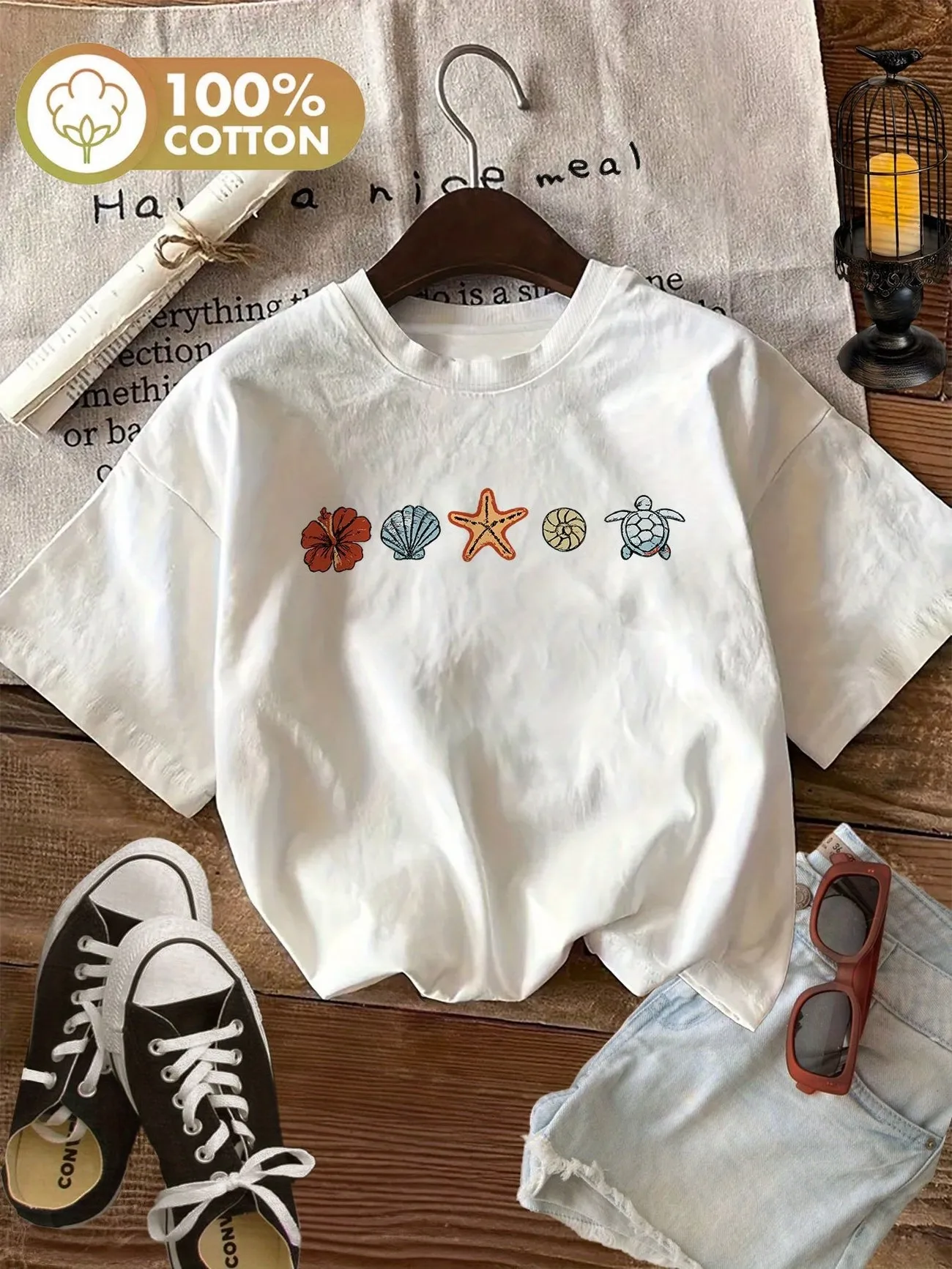 Vintage Colorful Ocean Shell Graphic T Shirt Cotton Women Summer Retro Aesthetic Harajuku Streetwear Style Casual Short Sleeve