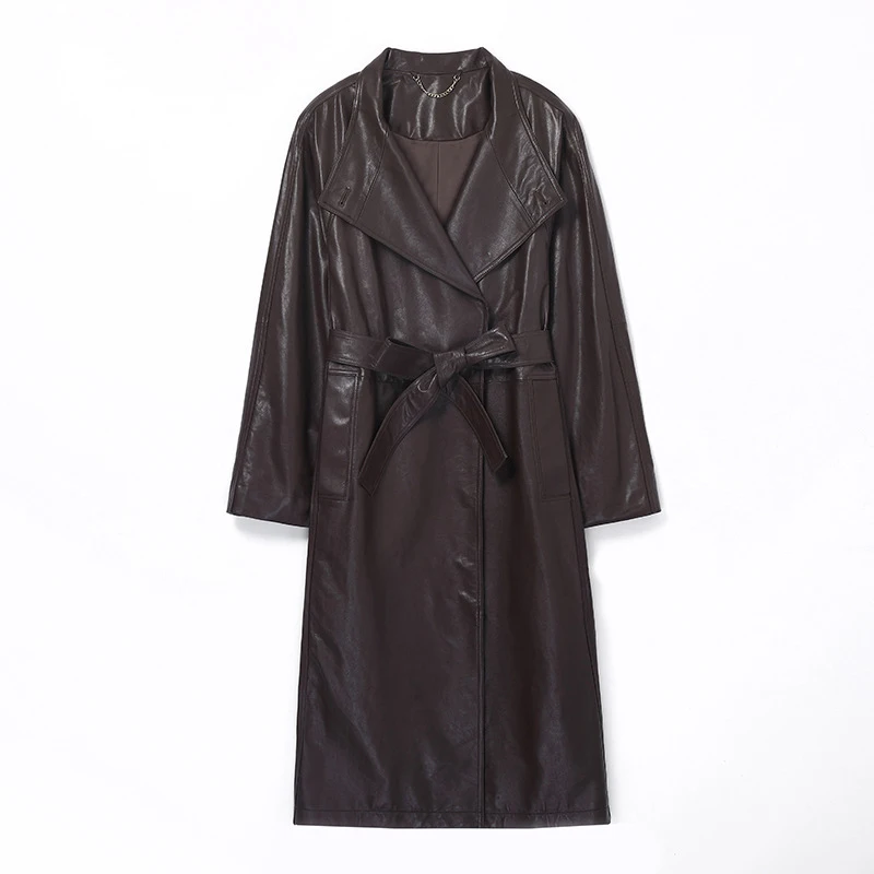 Real Leather Trench Coats Woman Spring New Sheepskin Small Stand Collar Stitching Profile Belt Loose Bathrobe Windbreaker Jacket