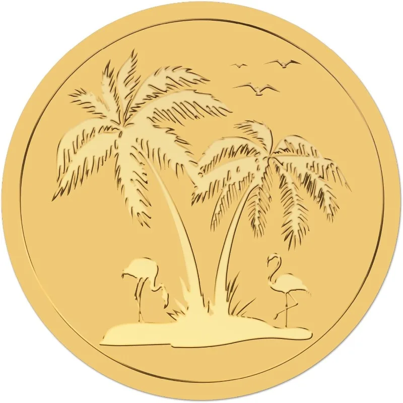 

25Sheet Coconut Palm Tree Gold Envelopes Stickers 2" Sea Seagulls Flamingo Self Adhesive Embossed Foil Seals Round Labels