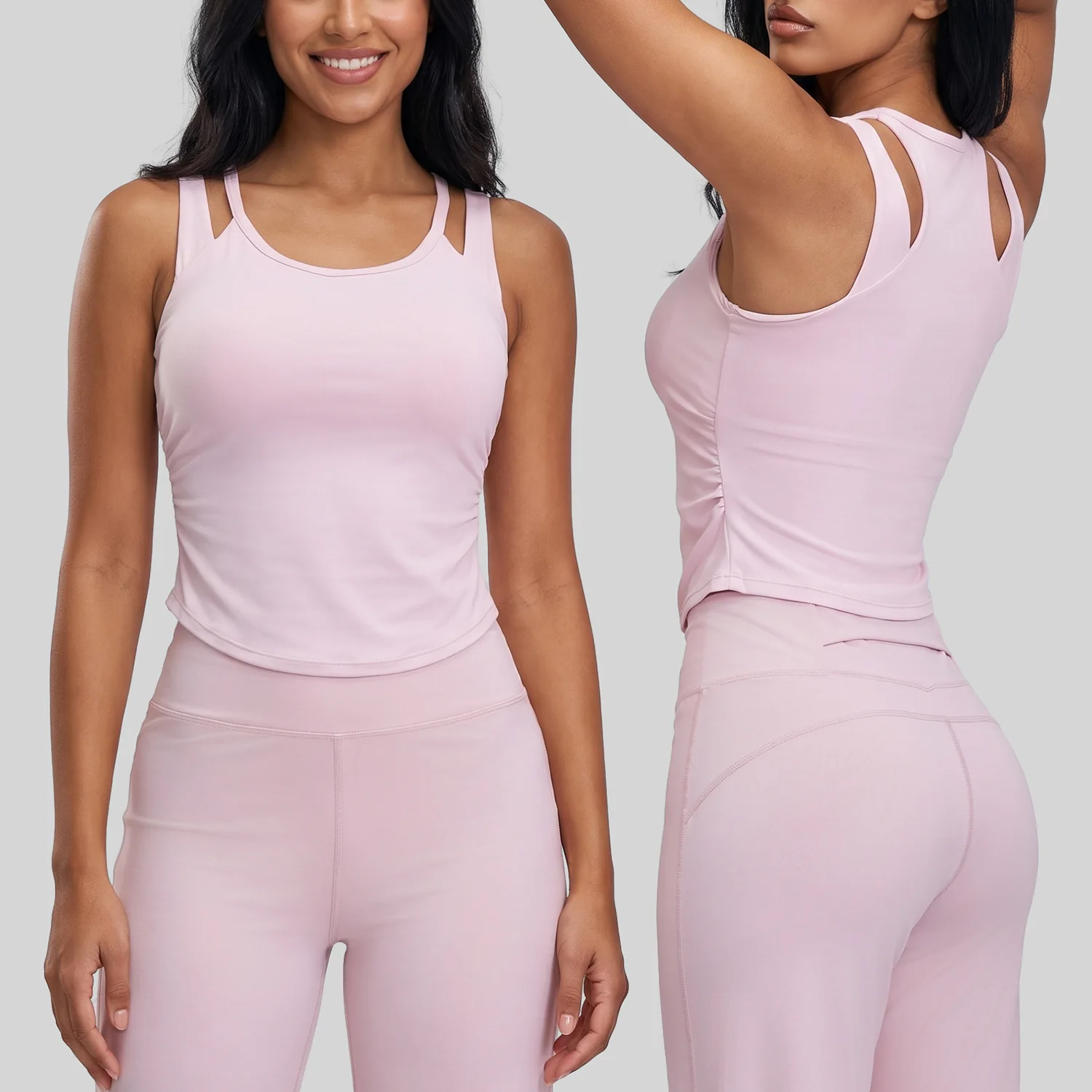 Women Solid Color Sports Vest With Fixed Chest Pad, Double Webbing Splice High Elastic Tight Yoga Tank Top Gym Workout Fitness