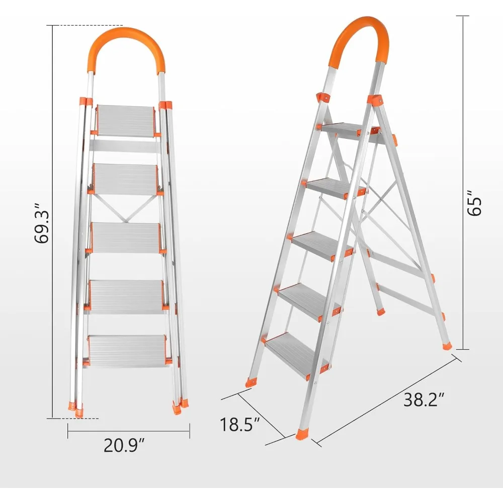 سلم محمول قابل للطي من 5 خطوات من الألومنيوم مع درابزين مطاطي غير قابل للانزلاق، مثالي للاستخدام المنزلي والتطبيقات متعددة الأغراض