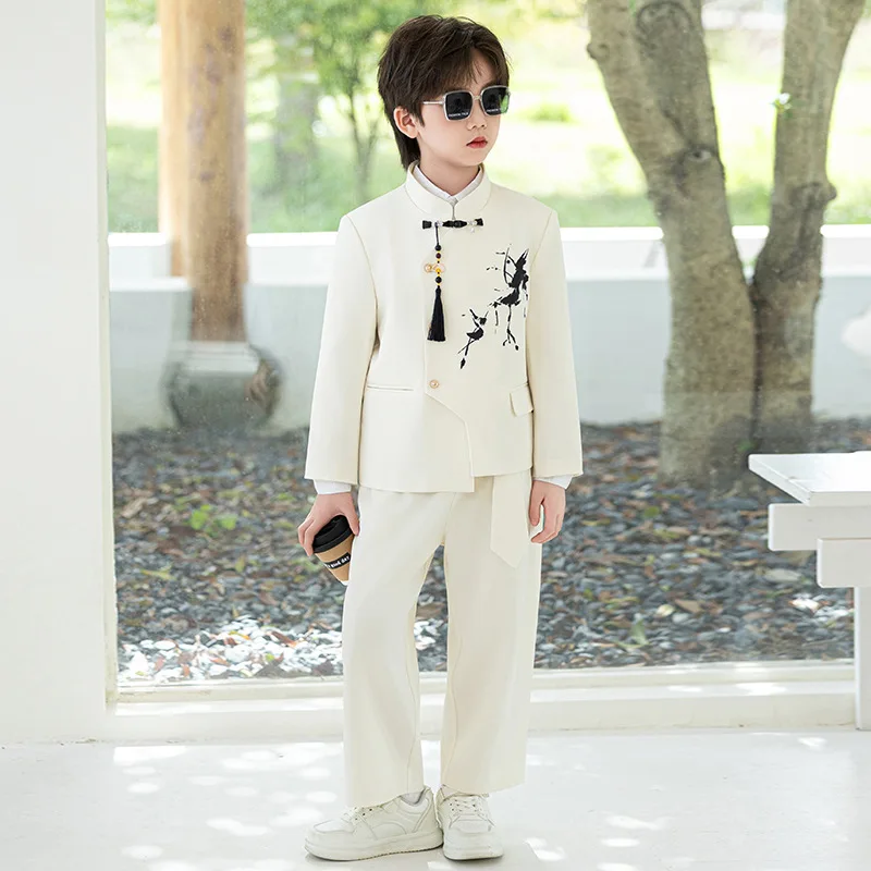 Boys New Chinese Style Suit Set Mandarin Collar Crane Embroidery Frog Button Tassel 2-Piece Outfit School Kids Stage Performance